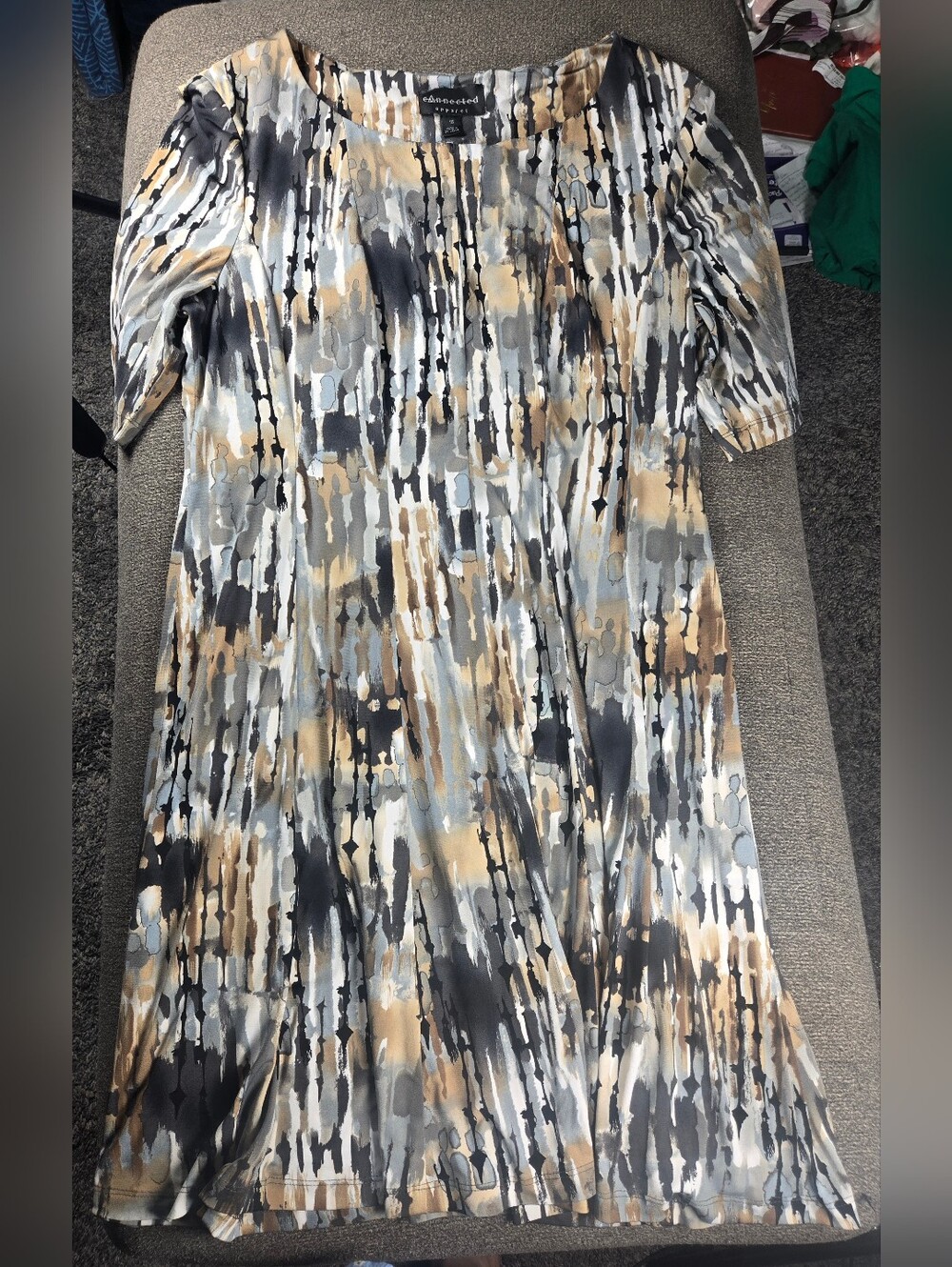 Connected Apparel Abstract Watercolor Midi Dress in Black, Gray & Tan